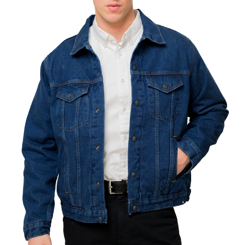 A man wearing a jean jacket and black pants.