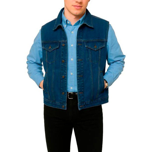 A man wearing a blue jacket and black pants.