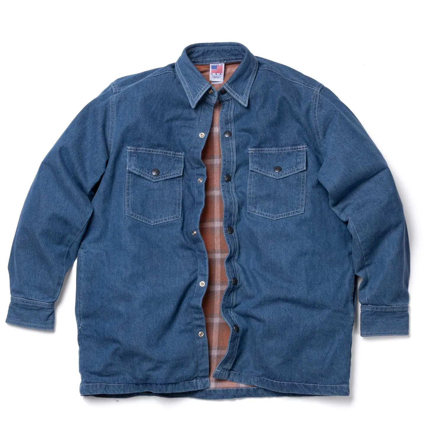 A blue jacket with plaid lining and pockets.