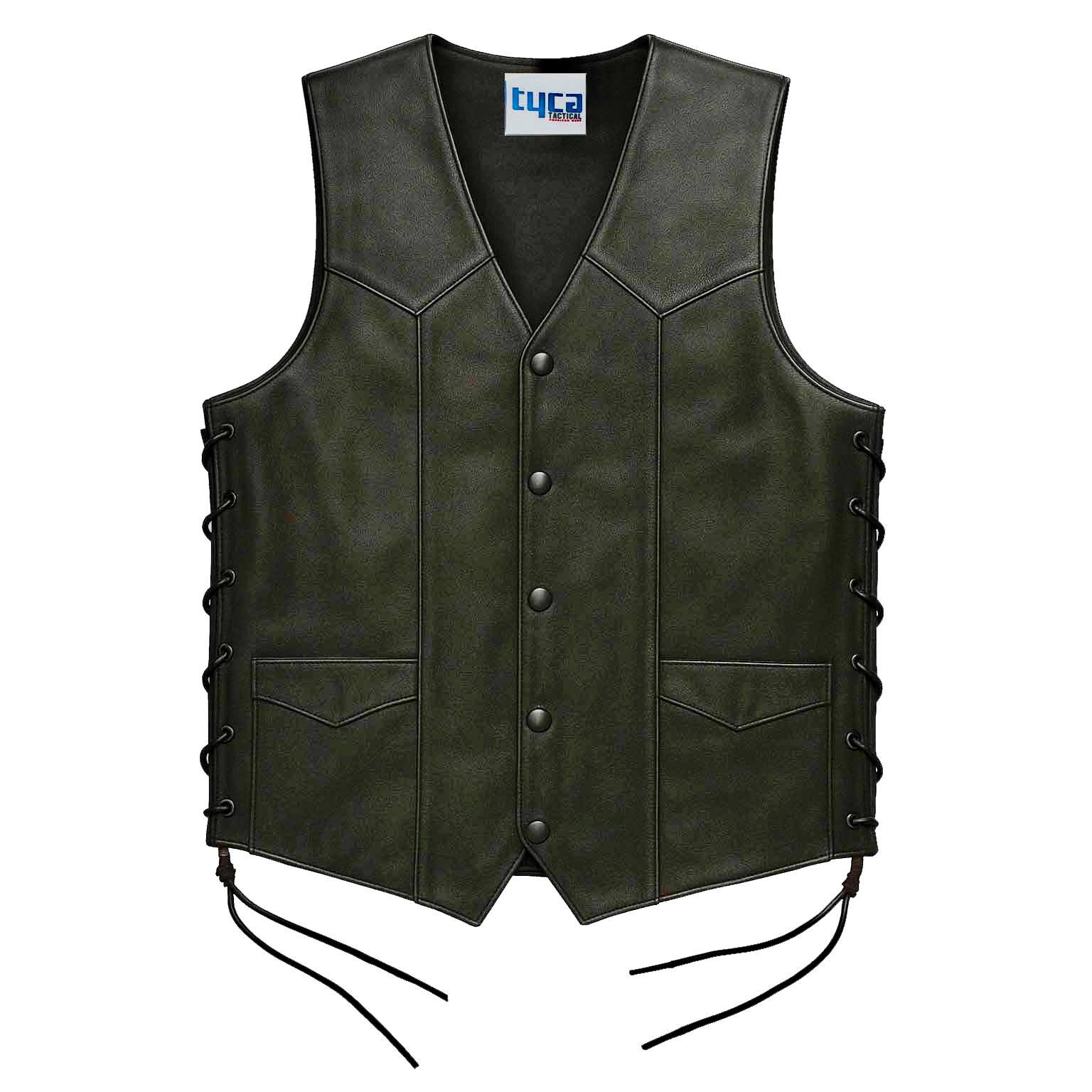 A green vest with black leather on it.