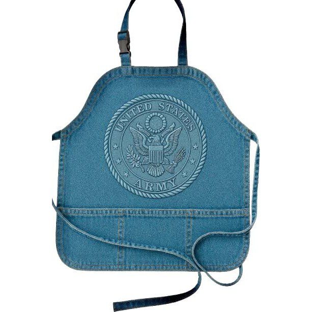 A blue apron with an emblem on it.