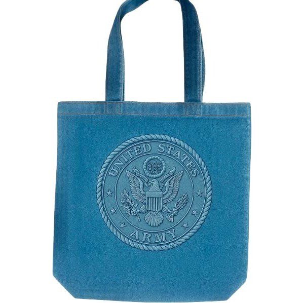 A blue bag with an emblem on it.
